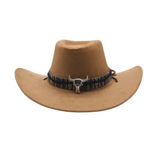 Brown western cowboy hat with ethnic band and metal bull skull, stylish autumn winter hat.