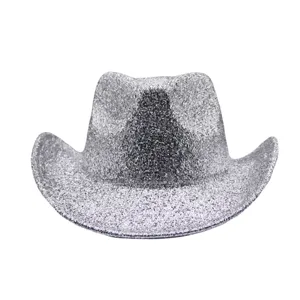 Silver glitter cowboy hat detail shot, sparkling sequin texture for party and stage wear.
