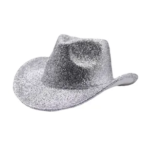 Detail shot of shiny silver sequin cowboy hat, perfect for party and stage performance costumes.