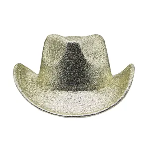 Gold glitter cowboy hat detail, shimmering sequin jazz hat for party and stage performance.