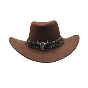 Brown western cowboy hat with metal bull skull and woven band, detail view for fashion women.