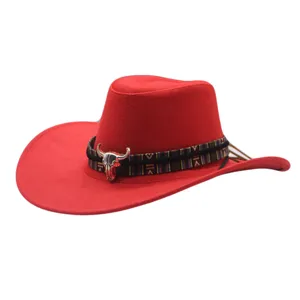 Retro Western Cowboy Hat For Women Polyester Wide Brim Jazz Hat With Ethnic Ribbon Bull Head Metal Ornament Prom Performance Fedora Hat