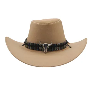 Western cowboy hat with metal bull head and ethnic band for autumn winter fashion women