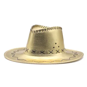 Golden western cowboy hat detail shot, stylish metallic party top hat for Halloween events.