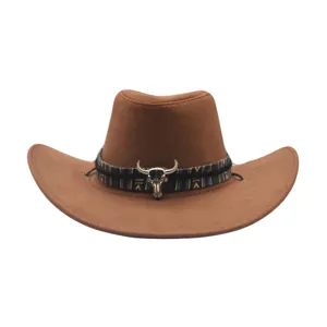 Classic brown western cowboy hat with woven band and metal bull skull decor fashion.