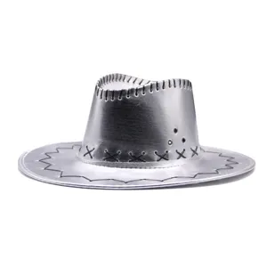 Metallic silver cowboy hat with black stitching, perfect for party, Halloween, and outdoor.