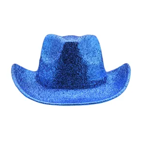 Blue glitter cowboy hat detail view, sparkling party costume jazz hat for adult events.