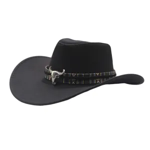 Detailed view of black western cowboy hat with ethnic band and metal bull skull decoration.