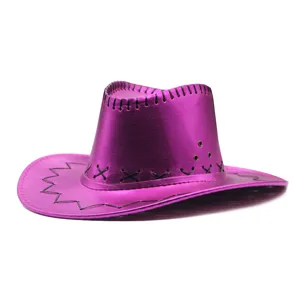 Shiny metallic pink cowboy hat for party, festival, and outdoor western costume wear.