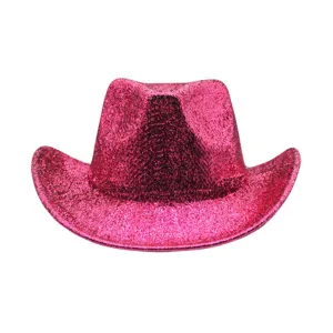 Close-up detail of the pink sequin western cowboy hat, shimmering surface texture for party.