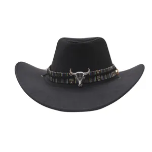 Black western cowboy hat with woven tribal band and metallic bull skull detail for women.