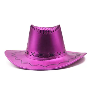 Metallic purple cowboy hat detail shot, premium party costume headwear for outdoor festival.
