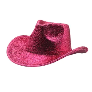 Close-up detail of the sparkling pink sequin cowboy hat, metallic jazz party fedora.