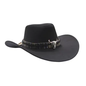 Black western cowboy hat with colorful woven band and silver bull skull detail closeup.