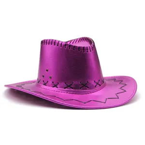 Detailed close-up of metallic pink western cowboy hat with black stitches for party.