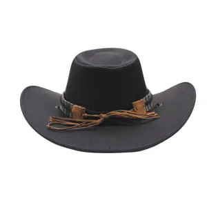 Detail shot of the black western cowboy hat featuring a patterned band and leather tassel.