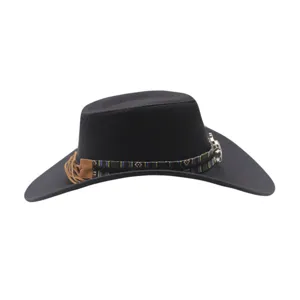 Black western cowboy hat for women, wide brim jazz hat with ethnic woven band and fringe detail.