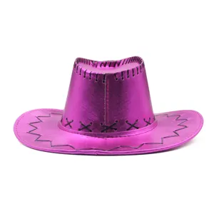 Metallic pink party cowboy hat detail view showing textured stitch and curved brim design.