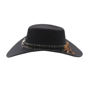 Black western cowboy hat detail, felt wide brim jazz cap with ethnic pattern band.