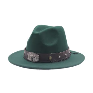 Πράσινο τσόχινο καπέλο cowboy western jazz fedora hat με μεταλλική αγκράφα κεφάλι ταύρου