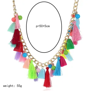 Bohemian multi-element statement necklace with colorful tassels and gold chain for women.