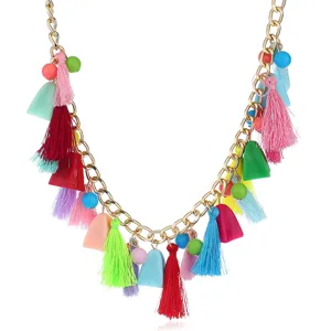 Bohemian Ethnic Tassel Pendant Necklace Colorful Plush Pom Pom Alloy Chain Necklace For Women Vacation Jewelry