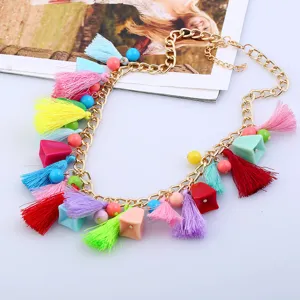 Bohemian multi-color tassel charm necklace with alloy chain for women fashion apparel detail view