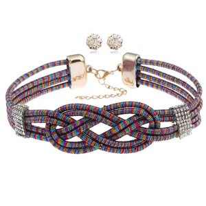 Punk Strass mehrsträngig gewebte Choker Halskette und passende Ohrringe Schmuck Set.