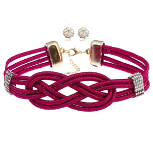 Magenta geflochtene Kordel Choker Halskette und funkelnde Kristall Ohrringe Set Mode.