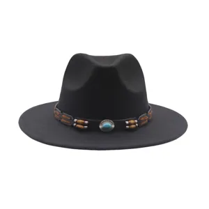 Cappello fedora in lana nera classico con fascia turchese tesa larga stile retro unisex
