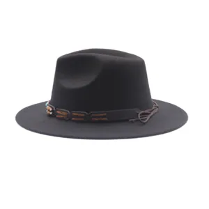 Cappello fedora in feltro di lana nera con tesa larga piatta e nastro in pelle per autunno