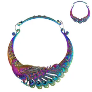 Stunning colorful peacock metal collar necklace with intricate cutout feather details for women.