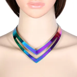 Details of the stylish metallic iridescent V-shape choker necklace, bold fashion jewelry piece.