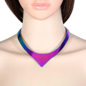 Detailed close-up shot of the vibrant metallic V-shaped choker necklace showing exquisite color.