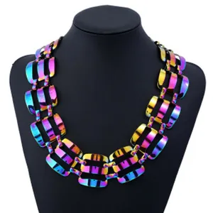 Detailed close-up view of the rainbow metallic statement chain necklace showcasing unique hollow links.