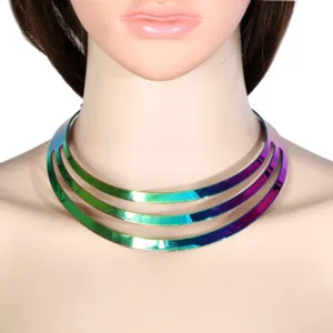 Detail shot of the multi-layer rainbow metallic choker necklace showing its vibrant gradient color.