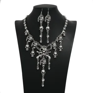 Gotischer vintage silberner totenkopf halskette ohrringe set halloween party schmuck