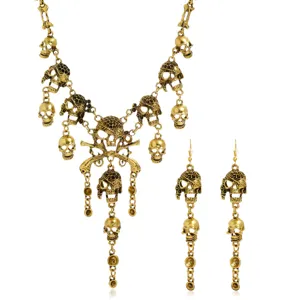 Vintage goldene Totenkopf Quaste Statement Halskette und Ohrringe Set Gothic Schmuck