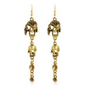 Vintage goldene Totenkopf lange Ohrringe Damen Halloween Punk Mode Schmuck Accessoires