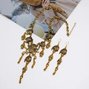 Vintage Gold Totenkopf Halskette Ohrringe Set Gothic Halloween Kostüm Schmuck Accessoires Damen