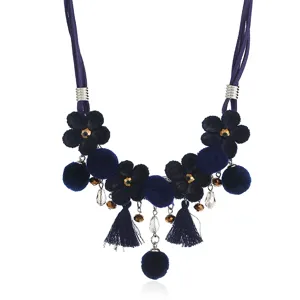 Navy blue fabric flower tassel pom-pom short statement necklace clavicle chain item