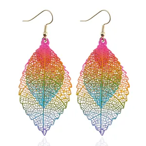 Vintage Minimalistisch Metall Doppelschichtiges Blatt Ohrhänger Bunt Farbverlauf Hohl Baum Blatt Quasten Ohrringe Für Damen