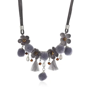 Grey fabric flower pom pom tassel necklace short sweater chain fashion jewelry for women