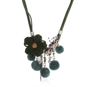 Bohemian green yarn flower pom pom statement necklace bohemian style ethnic jewelry for women
