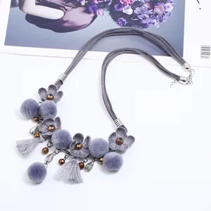 Grey fabric flower pom-pom tassel multi-layer collarbone necklace short sweater chain jewelry
