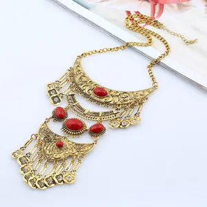 Antik Gold Rot Stein Latz Halskette Boho Mehrschichtige Lange Pullover Kette Schmuck detail