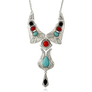 Westerse Vintage Overdreven Etnisch Halsketting Legering Turquoise Hanger Meerlagige Opengewerkt Gesneden Sleutelbeenketting Voor Reis Sieraden