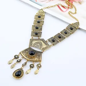 Collana statement lunga con nappe vintage con pietre preziose nere catena maglione in lega.