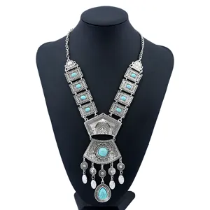 Collana statement con frange lunghe turchese argento boho vintage catena maglione