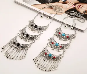 Set collana e orecchini con nappe multistrato vintage, gioielli boho in argento sterling per donne.